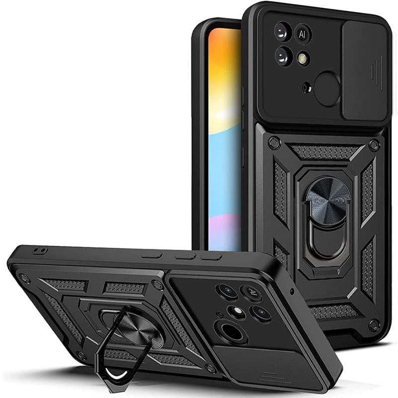 Чохол для Xiaomi redmi 10c протиударний бампер зі шторкою й кільцем на телефон сяомі редмі 10с (чорний)