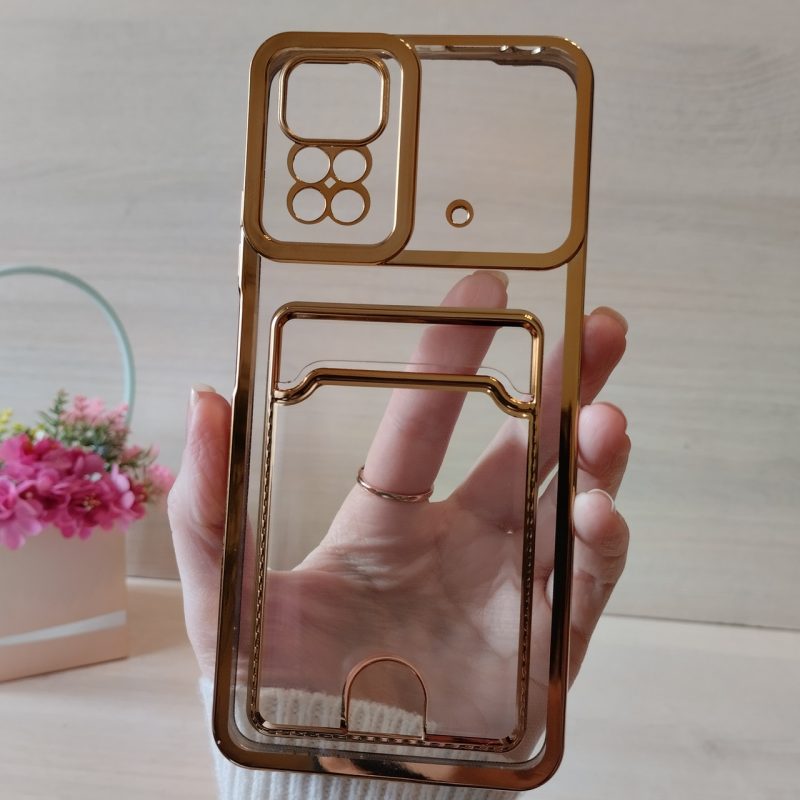 Чехол на xiaomi redmi Note 11 4g / Note 11s силиконовый женский с золотистой рамкой и карманом под карточки