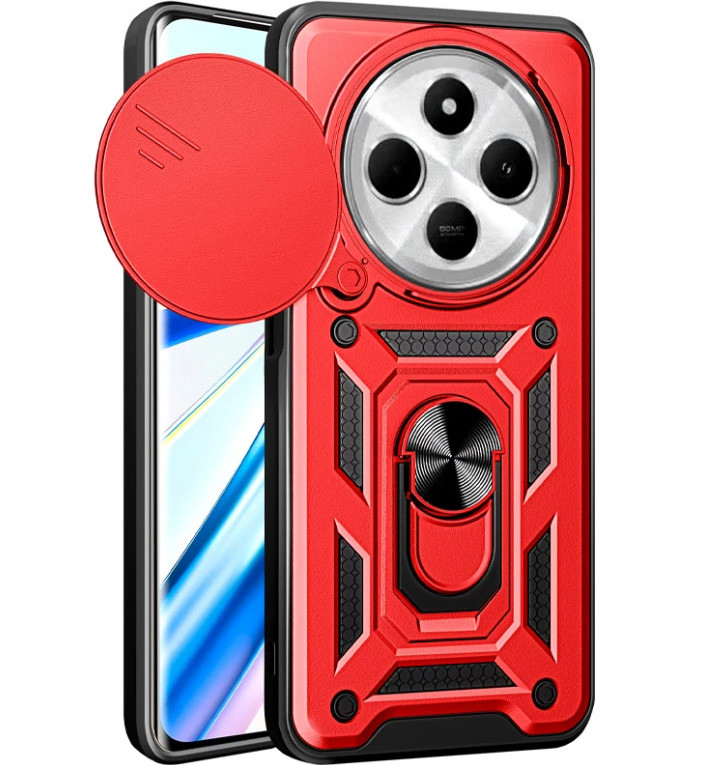 Чохол для Xiaomi redmi 14c протиударний бампер зі шторкою для камери та кільцем на саомі редмі 14с червоний
