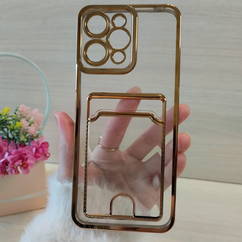 Чохол для xiaomi redmi 12 силіконовий прозорий із золотистою рамкою та кишенею під картки Luxury