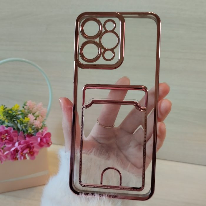 Чохол для xiaomi redmi 12 силіконовий прозорий із рожевою рамкою та кишенею під картки Luxury