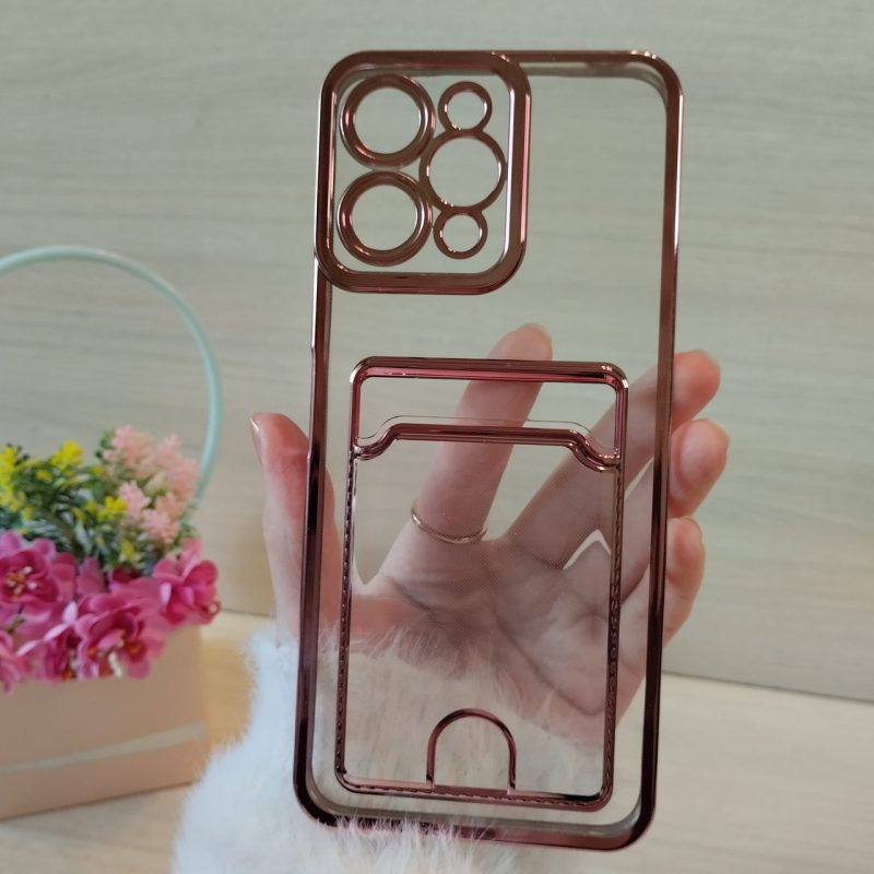 Чохол для xiaomi redmi 12 силіконовий прозорий із рожевою рамкою та кишенею під картки Luxury