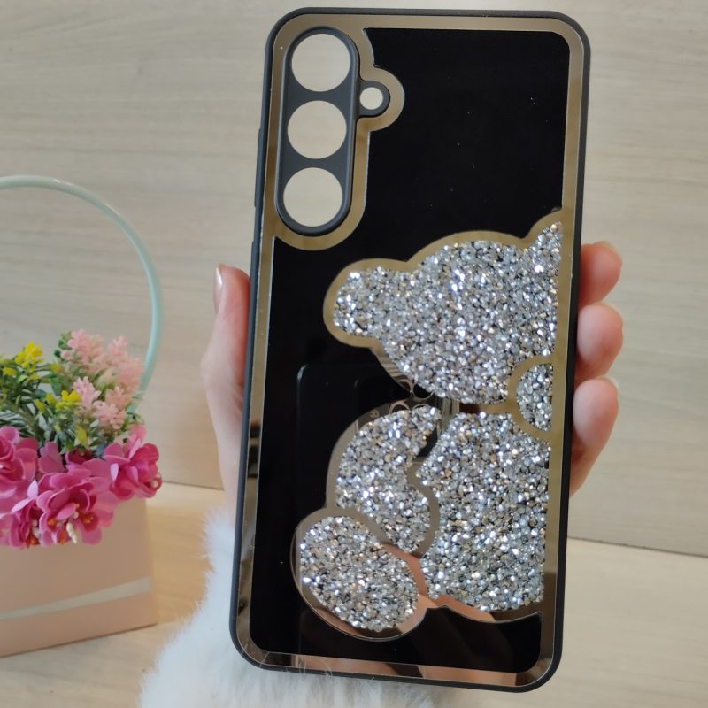 Чехол на samsung a35 силиконовая женская накладка со стразами с мишкой черный