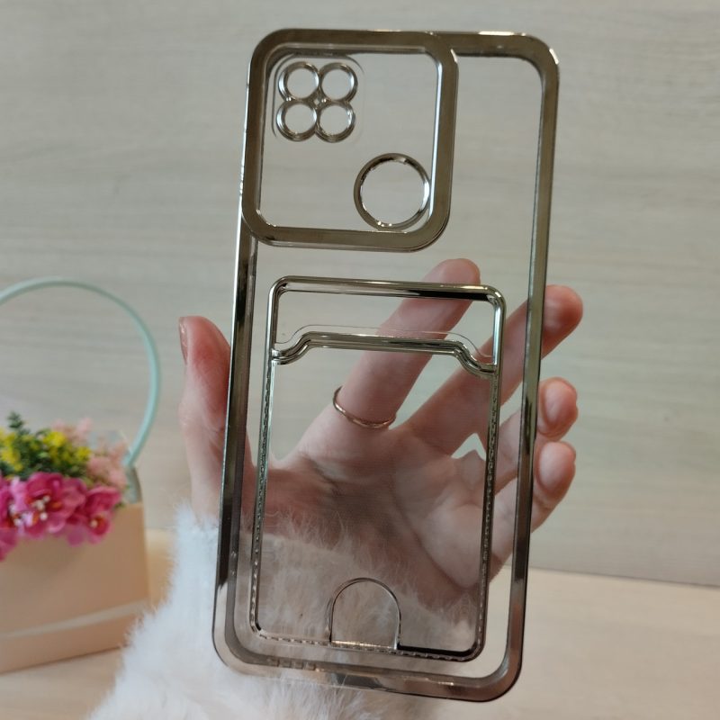 Чехол для xiaomi redmi 9c силиконовый прозрачный с серебристой рамкой и карманом под карточки Luxury