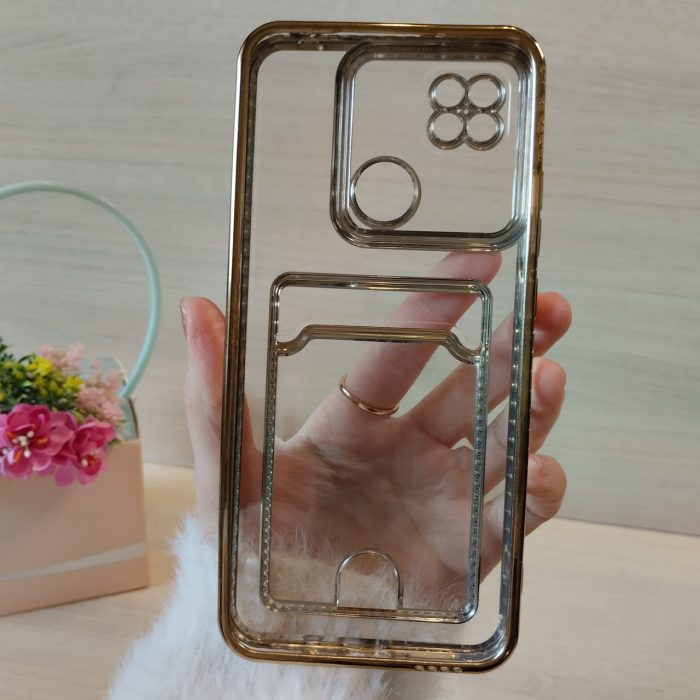 Чохол для xiaomi redmi 9c силіконовий прозорий із золотистою рамкою та кишенею під картки Luxury - Зображення 9