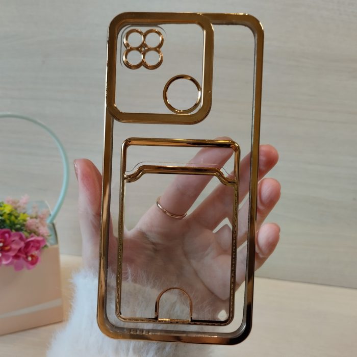 Чохол для xiaomi redmi 9c силіконовий прозорий із золотистою рамкою та кишенею під картки Luxury