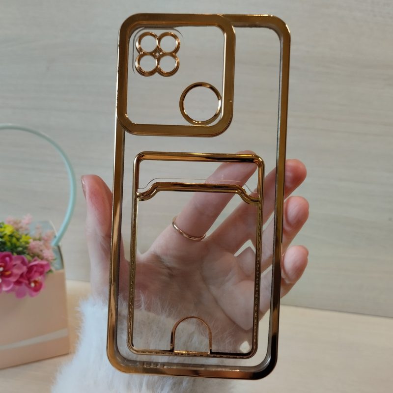 Чехол на xiaomi redmi 10a силиконовый прозрачный с золотистой рамкой и карманом под карточки Luxury