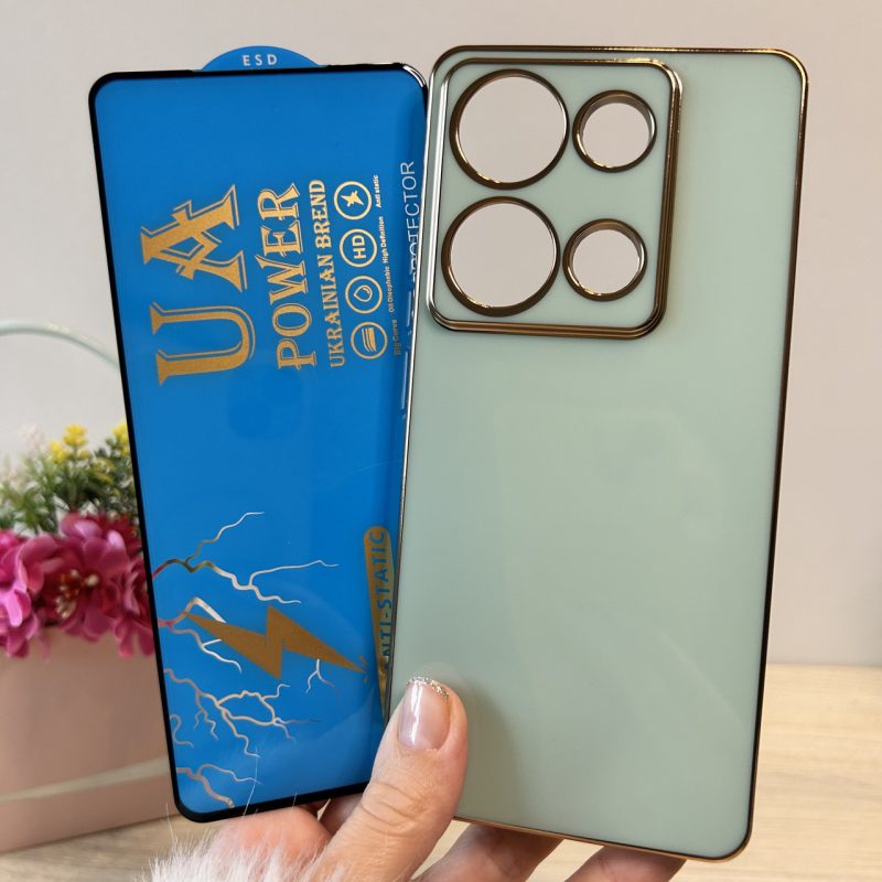Набір Чохол + скло для xiaomi redmi Note 13 pro 4g жіночий силіконовий із золотистою рамкою (м'ятний)