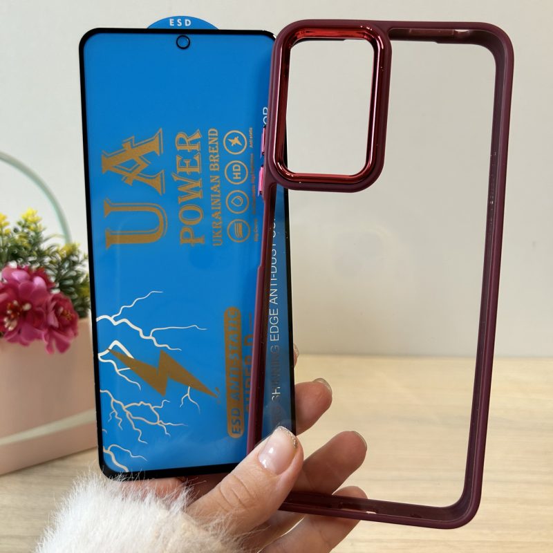 Набір чохол + скло для xiaomi redmi Note 11 / Note 11s силіконовий прозорий Metal Frame (бордо)