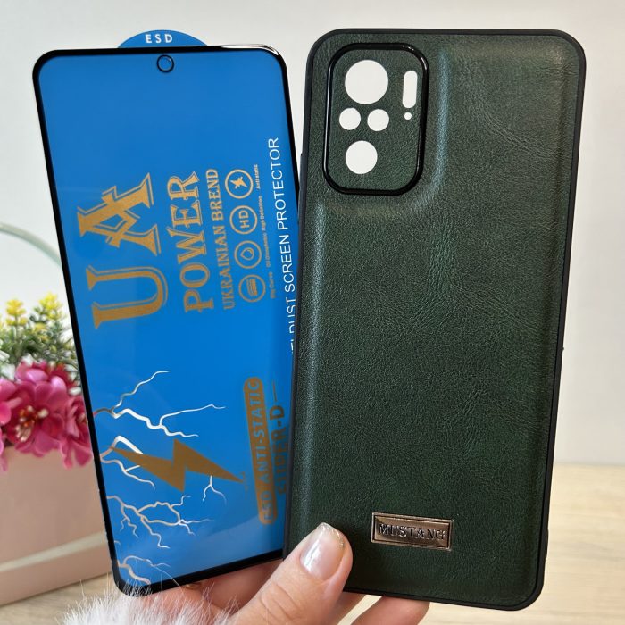 Набір чохол + скло для xiaomi redmi Note 10 4g / Note 10s силіконовий шкіряний чохол Mustang (зелений)