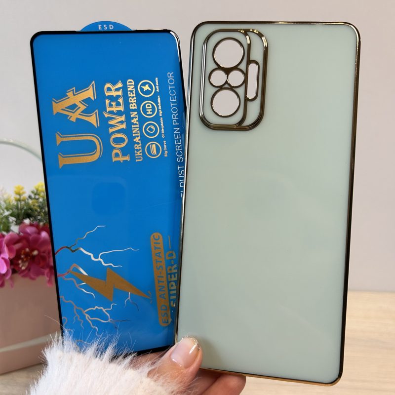 Набор чехол + стекло для xiaomi redmi Note 10 pro женский силиконовый с золотистой рамкой Luxury (мятный)