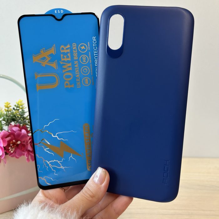 Набір чохол + скло на Xiaomi redmi 9a силіконовий однотонний синій