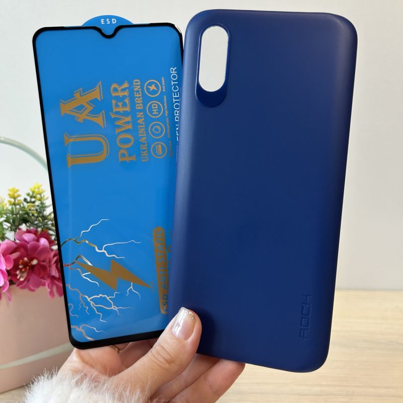 Набір чохол + скло на Xiaomi redmi 9a силіконовий однотонний синій
