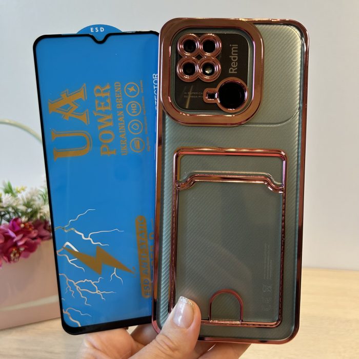 Набір скло + чохол на xiaomi redmi 10c силіконовий жіночий з рожевою рамкою та кишенею під картки