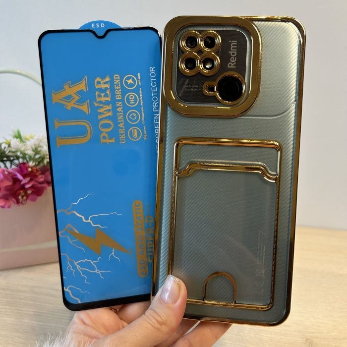Набір скло + чохол на xiaomi redmi 10c силіконовий жіночий із золотистою рамкою та кишенею під картки