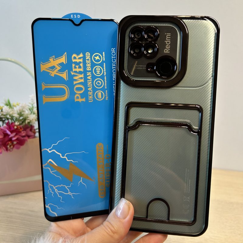 Набір скло + чохол на Poco c40 силіконовий жіночий із сірою рамкою та кишенею під картки