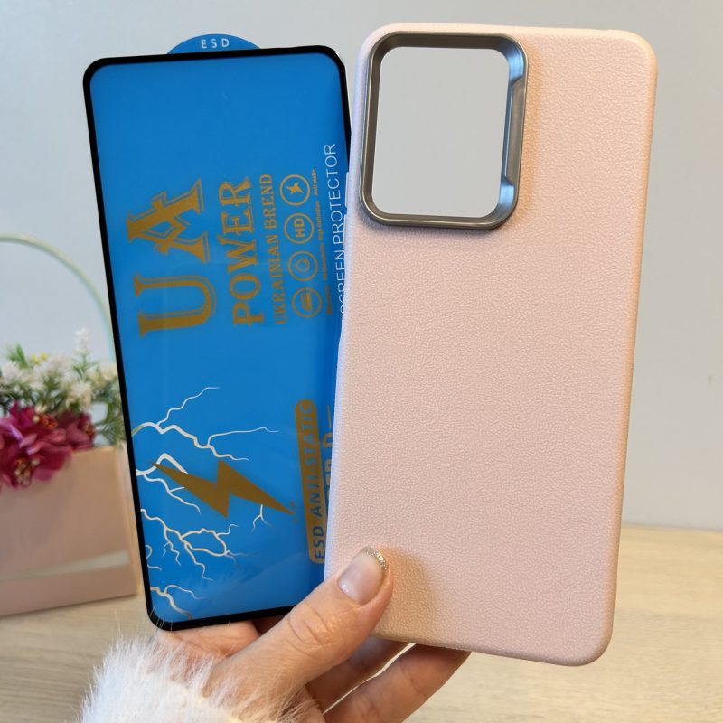 Набор чехол + стекло для xiaomi redmi Note 13 4g силиконовый однотонный Leather Case Textured (пудровый)