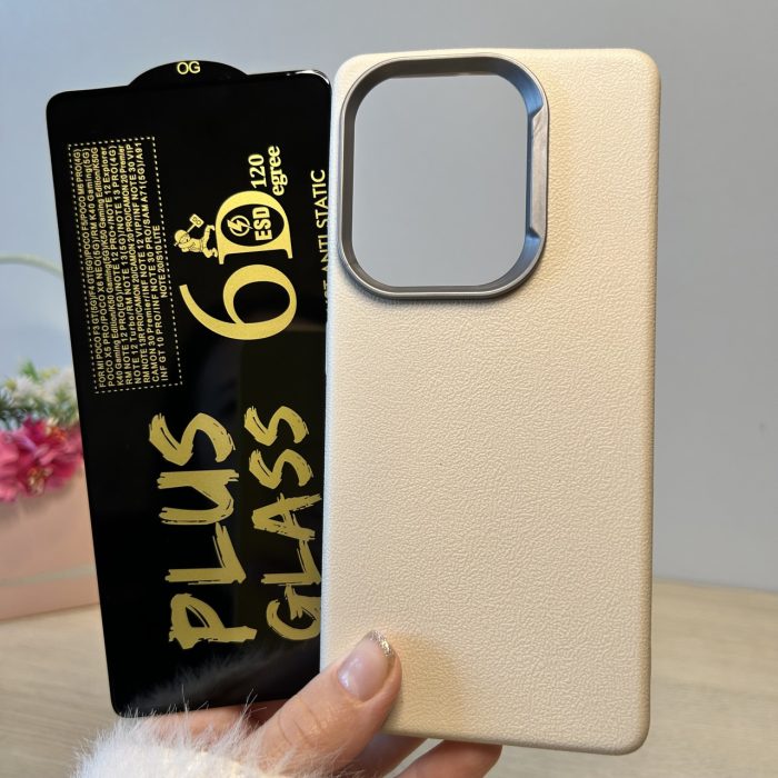 Набір чохол + скло для Poco m6 pro 4g силіконовий однотонний бампер Leather Textured (білий) - Зображення 2