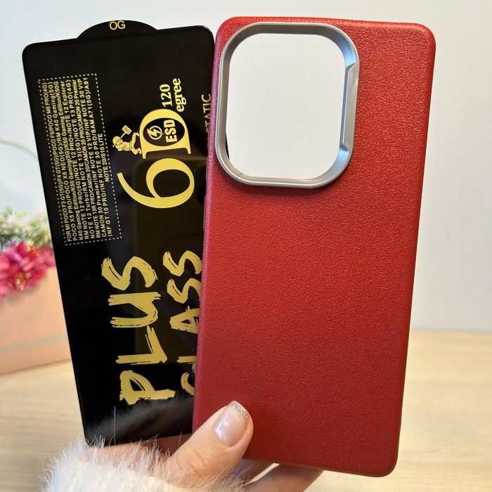 Набор чехол + стекло для Poco m6 pro 4g силиконовый однотонный бампер Leather Textured (красный) - Зображення 2