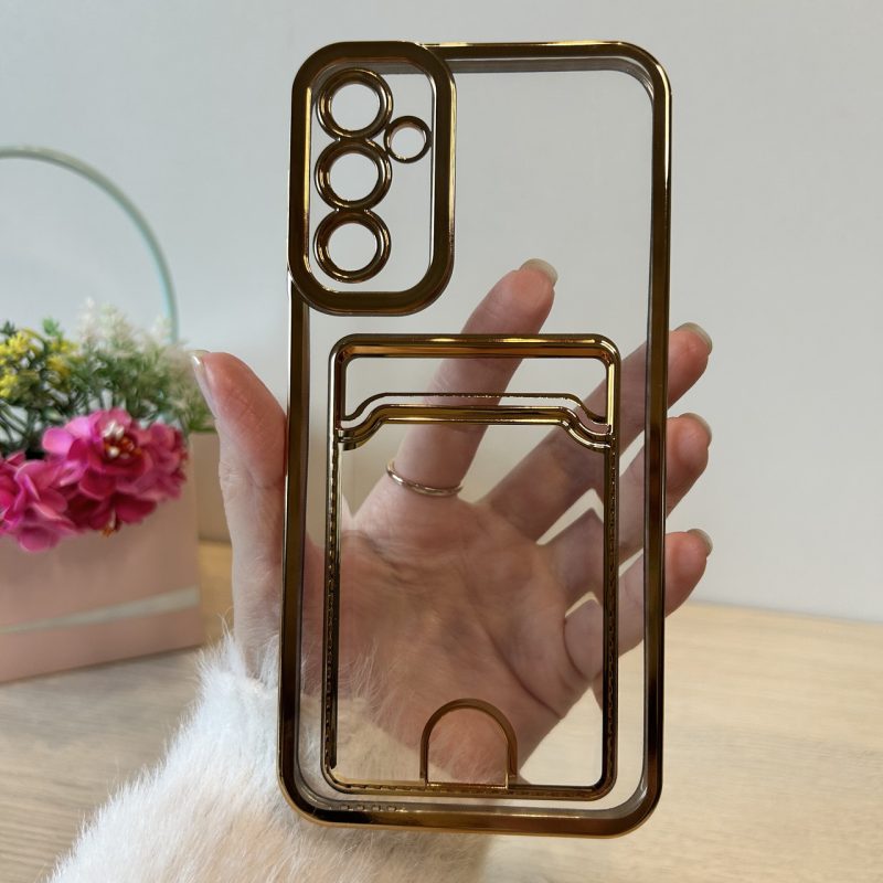 Чехол на Samsung A24 силиконовый с золотистой рамкой и карманом под карточки, фото